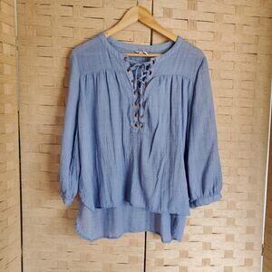 Forever 21 Blouse Size Large Blue Knit 3/4 Sleeve Lace